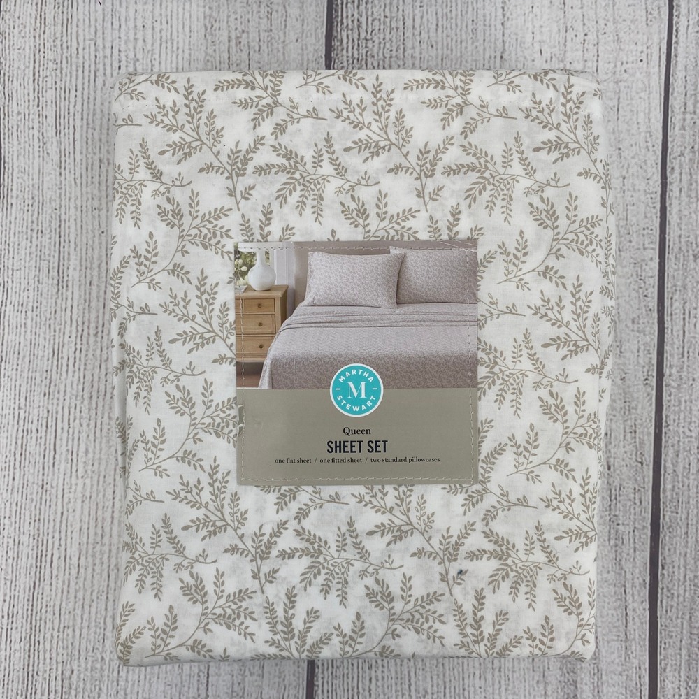 Martha Stewart Sheet Set Queen Sandcastle Tan White Cotton Botanical Vine 4pc